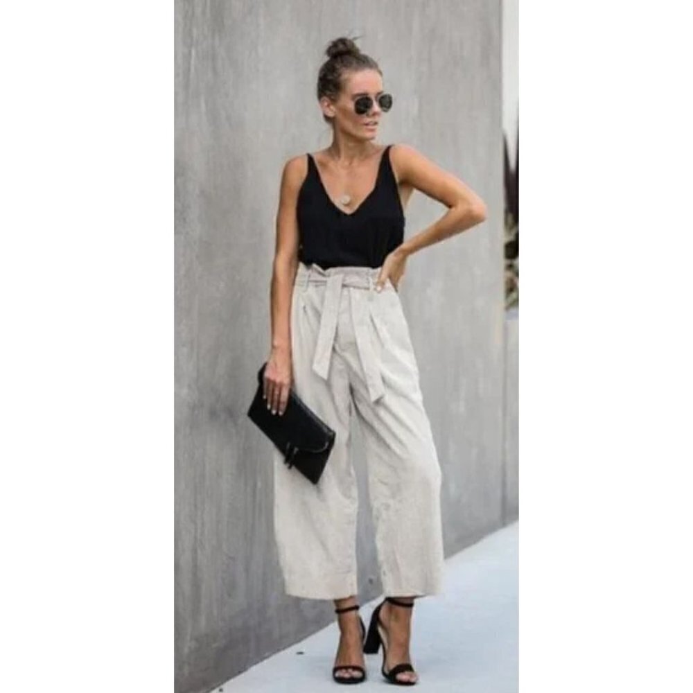 Blank NYC Sand Beige Wide Leg Linen Paperbag Tie Waist Pants M